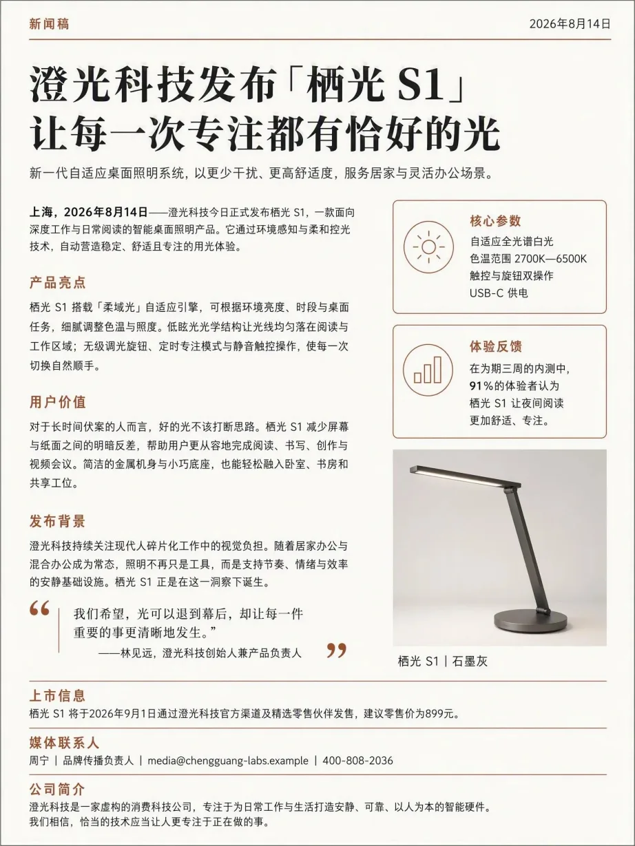 中文产品发布新闻稿，含标题、导语、产品亮点、用户价值、引语与上市信息