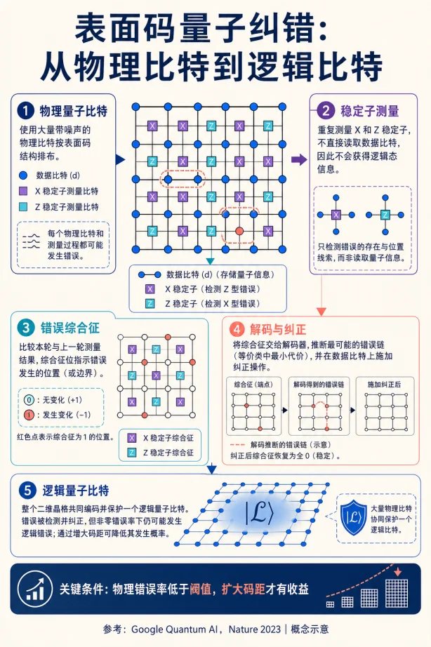 表面码量子纠错：从物理比特到逻辑比特