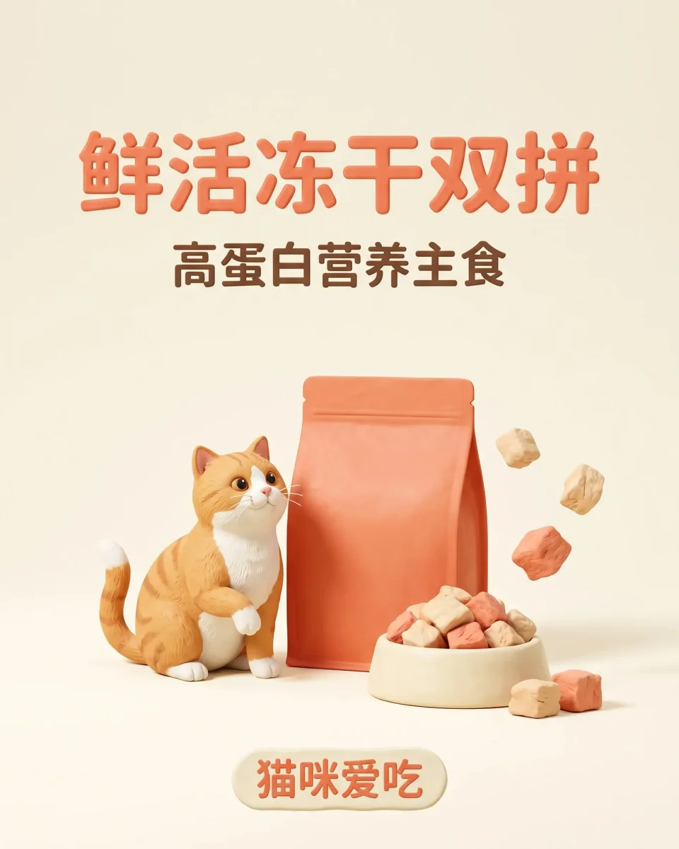 鲜活冻干双拼猫粮黏土电商封面