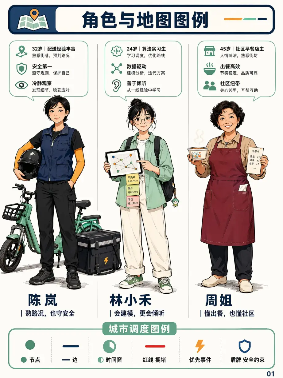 第01页：主角设定页与城市调度图例