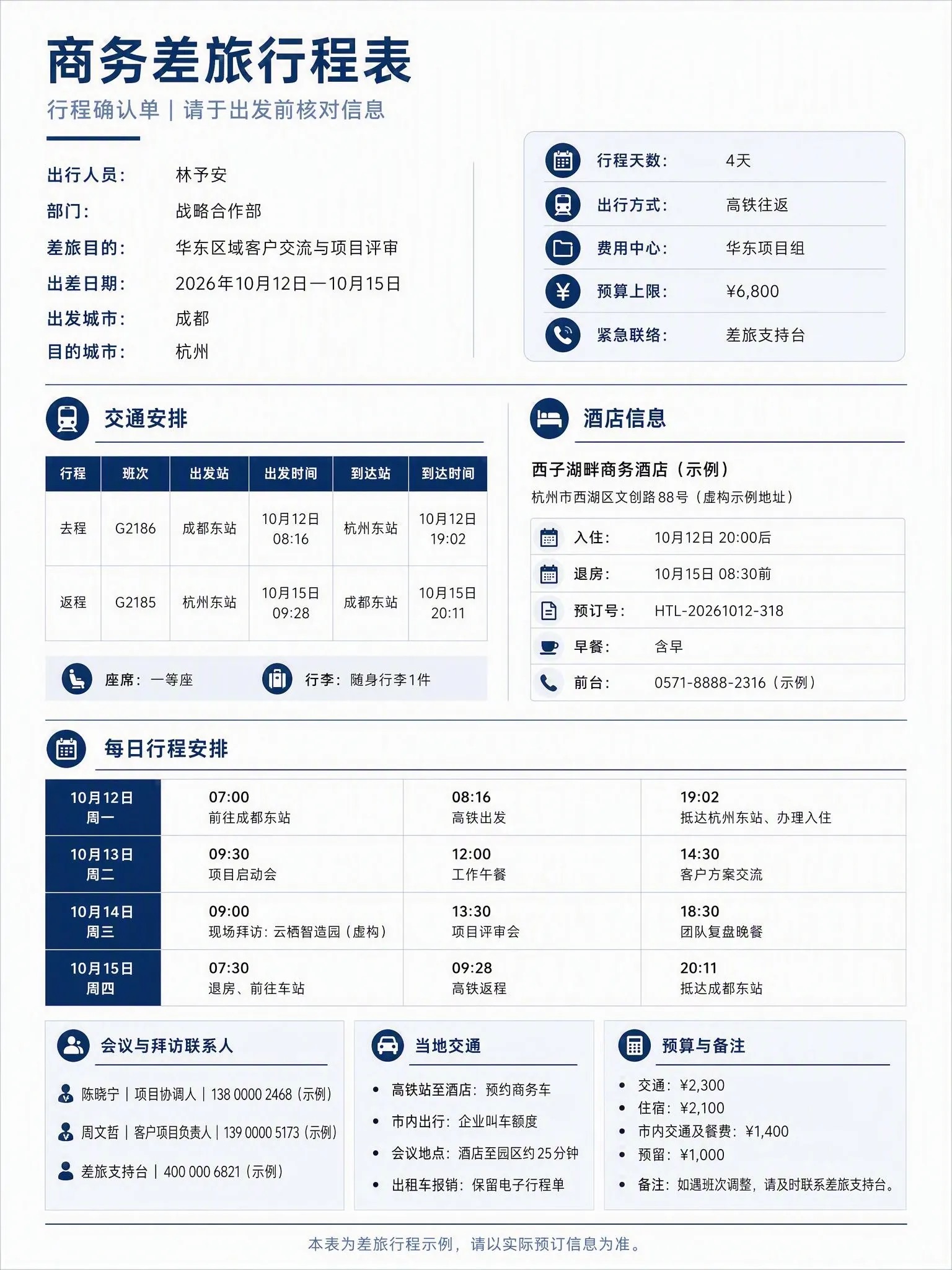 商务差旅行程表