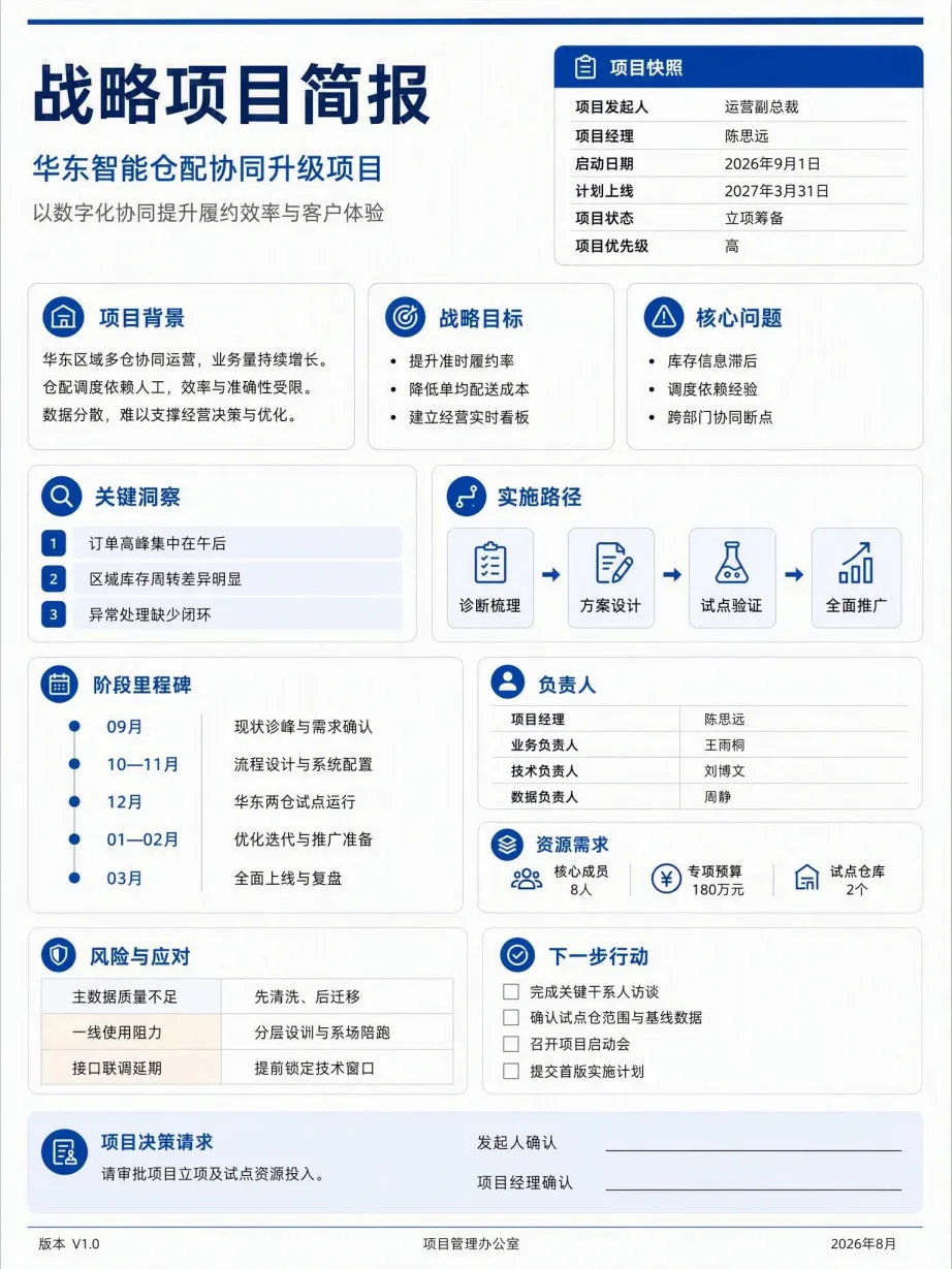 战略项目简报，含项目背景、目标、洞察、实施路径、里程碑、风险与行动