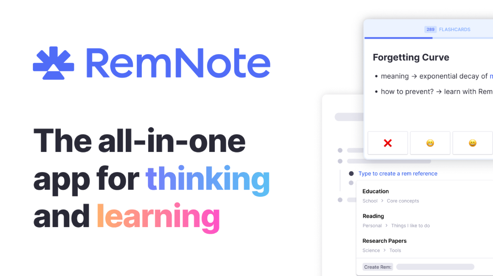 RemNote 笔记、抽认卡与间隔重复学习产品界面