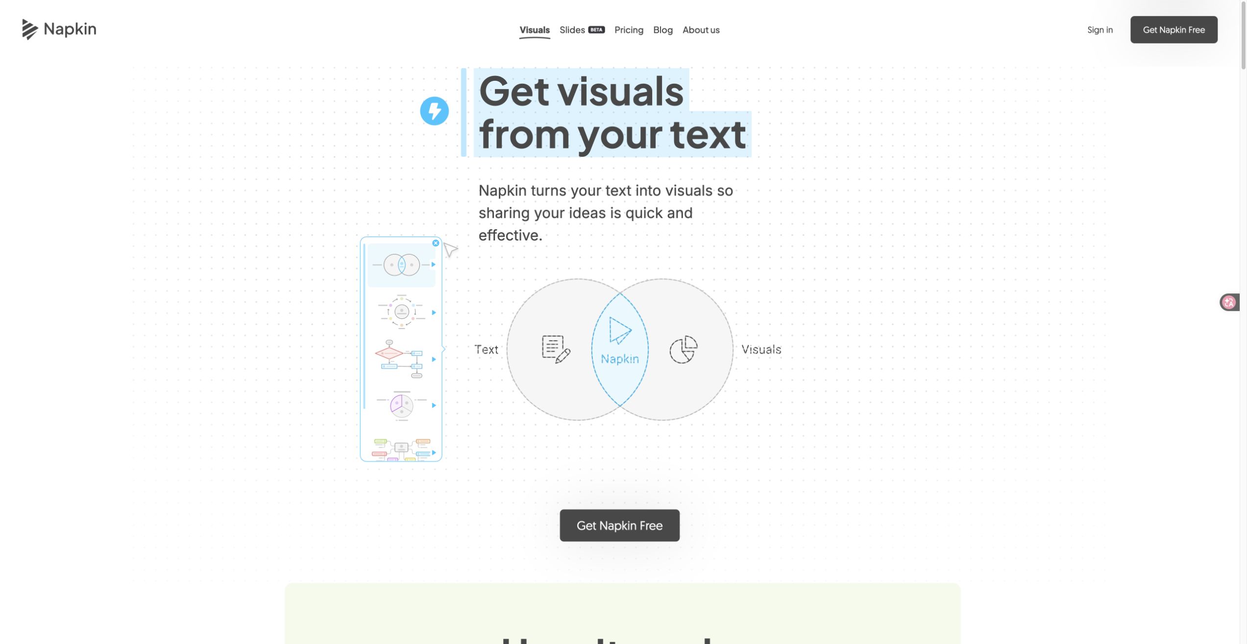 Napkin AI 官方首页展示从文本生成视觉图解的流程