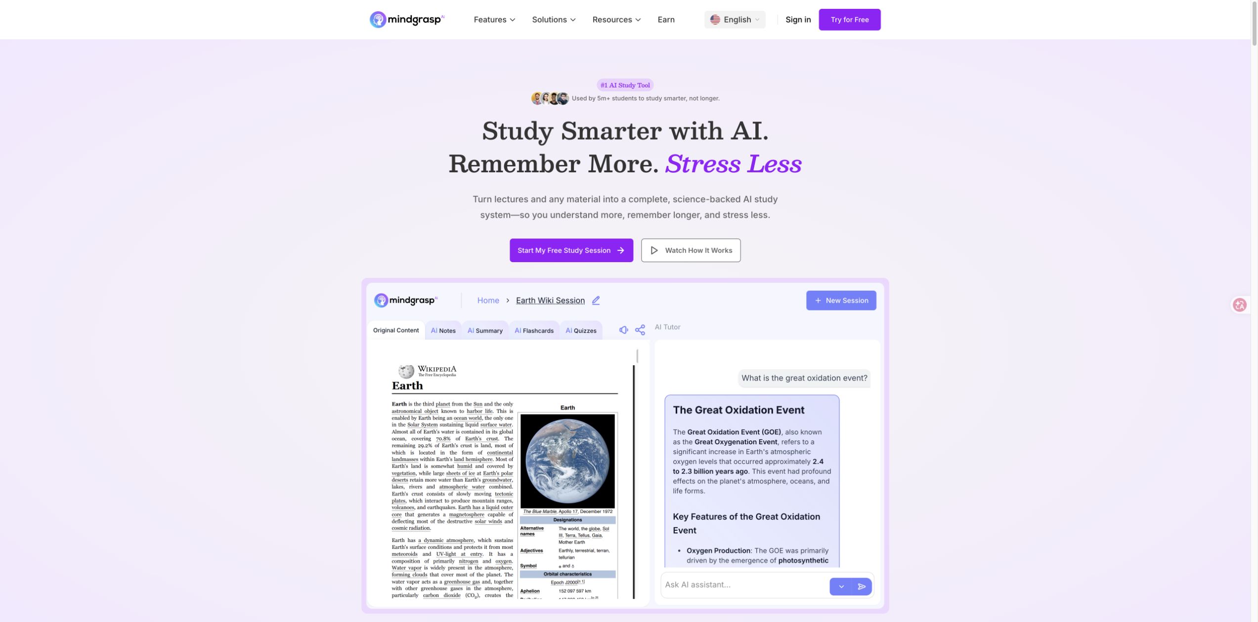 Mindgrasp 官方首页展示论文上传与 AI 学习界面